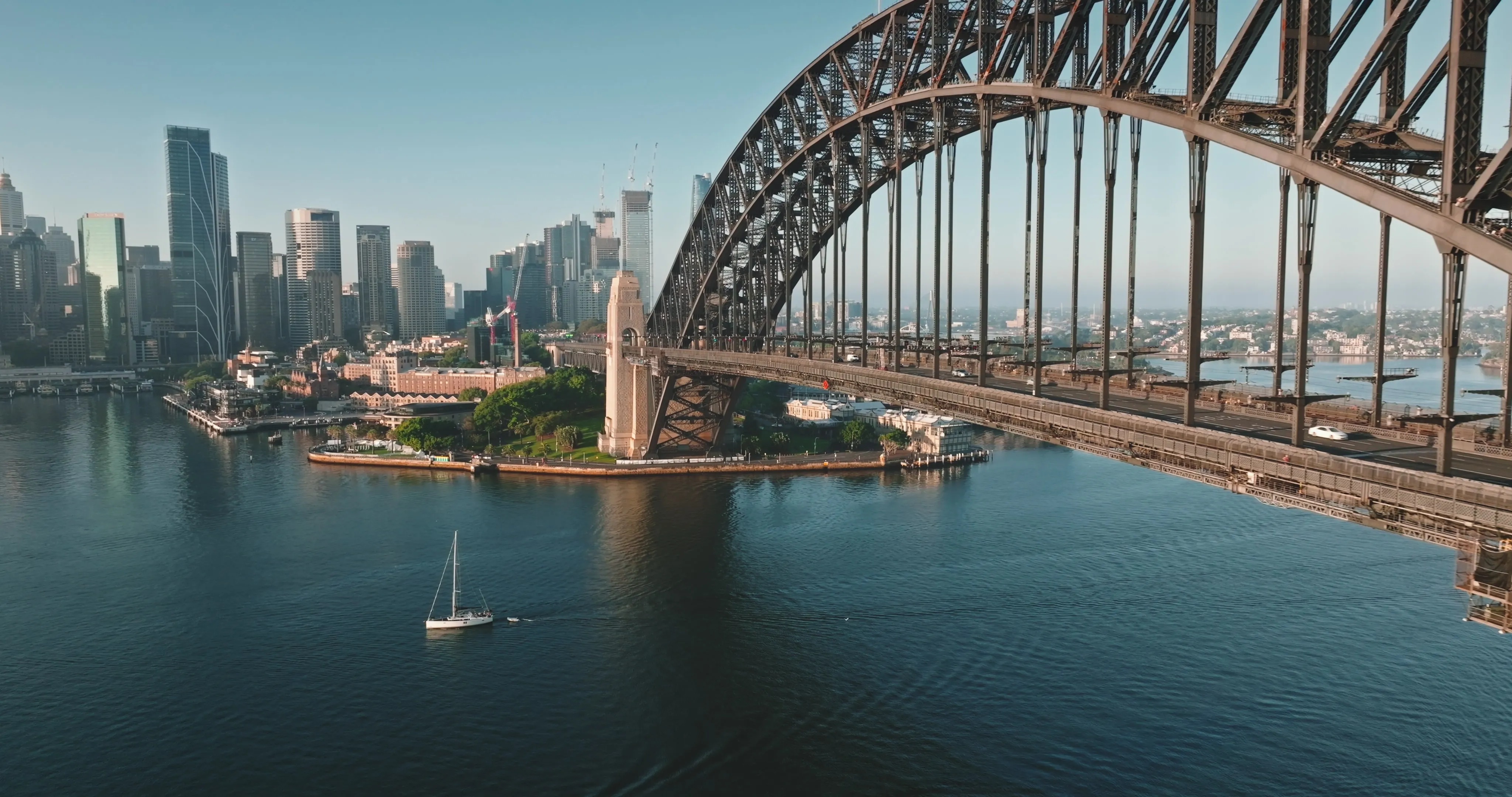 Aerial view of Sydney Harbour Bridge and city skyline